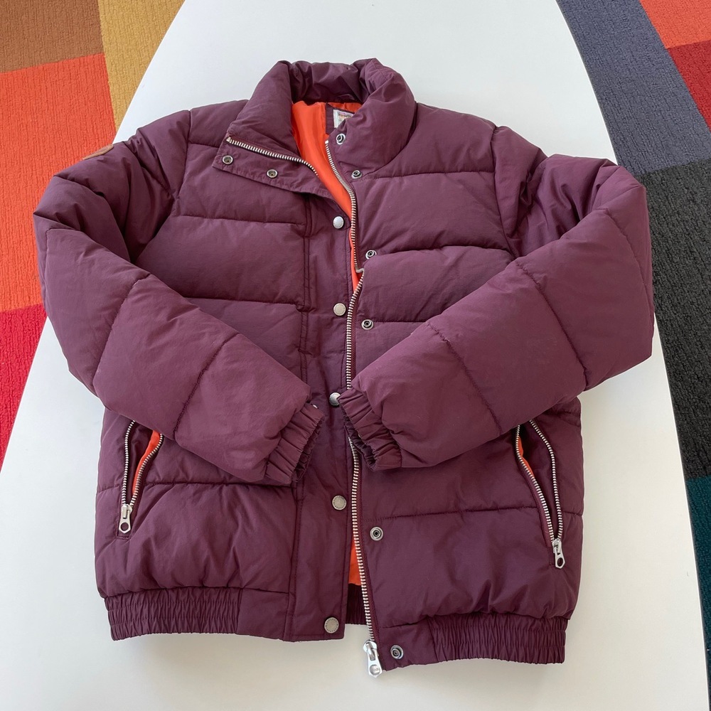 Superdry Jacket Womens 8 Burgundy Puffer Mountain Outdoor Cozy Orange Lining